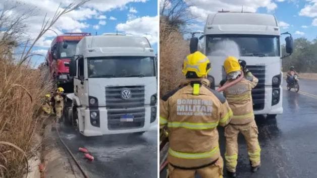 Carreta que transportava caminhões dos Bombeiros pega fogo na BR-251, em Minas Gerais