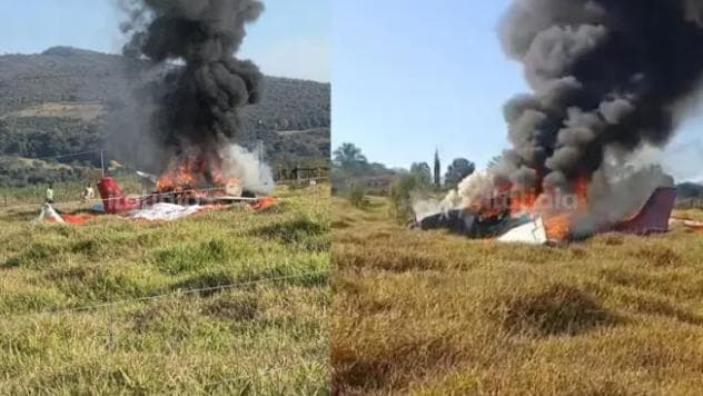 Avião de pequeno porte cai em Mateus Leme, na Grande BH, após pegar fogo